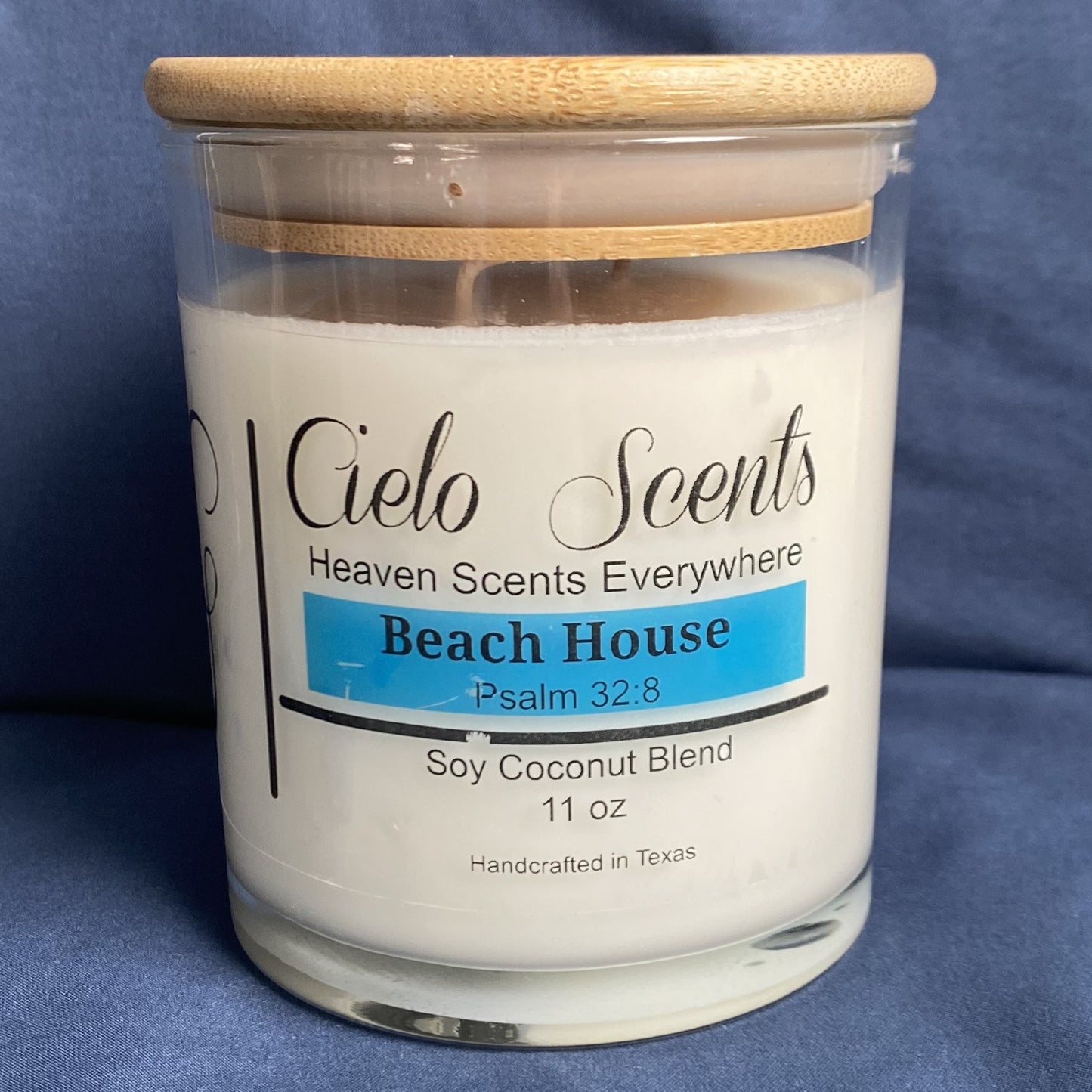 Coconut soy candle 11 oz jar with refreshing scent called Beach House.